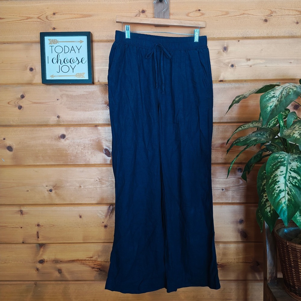 Briggs Wide Leg Navy Pants Linen Blend Coastal Lagenlook Stretch Sz M(29) x 30"‎